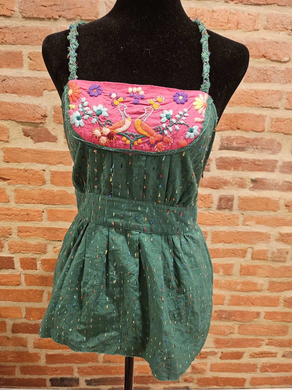 Vintage Free People Green Embroidered Peplum Tunic with Pink Floral Yoke
